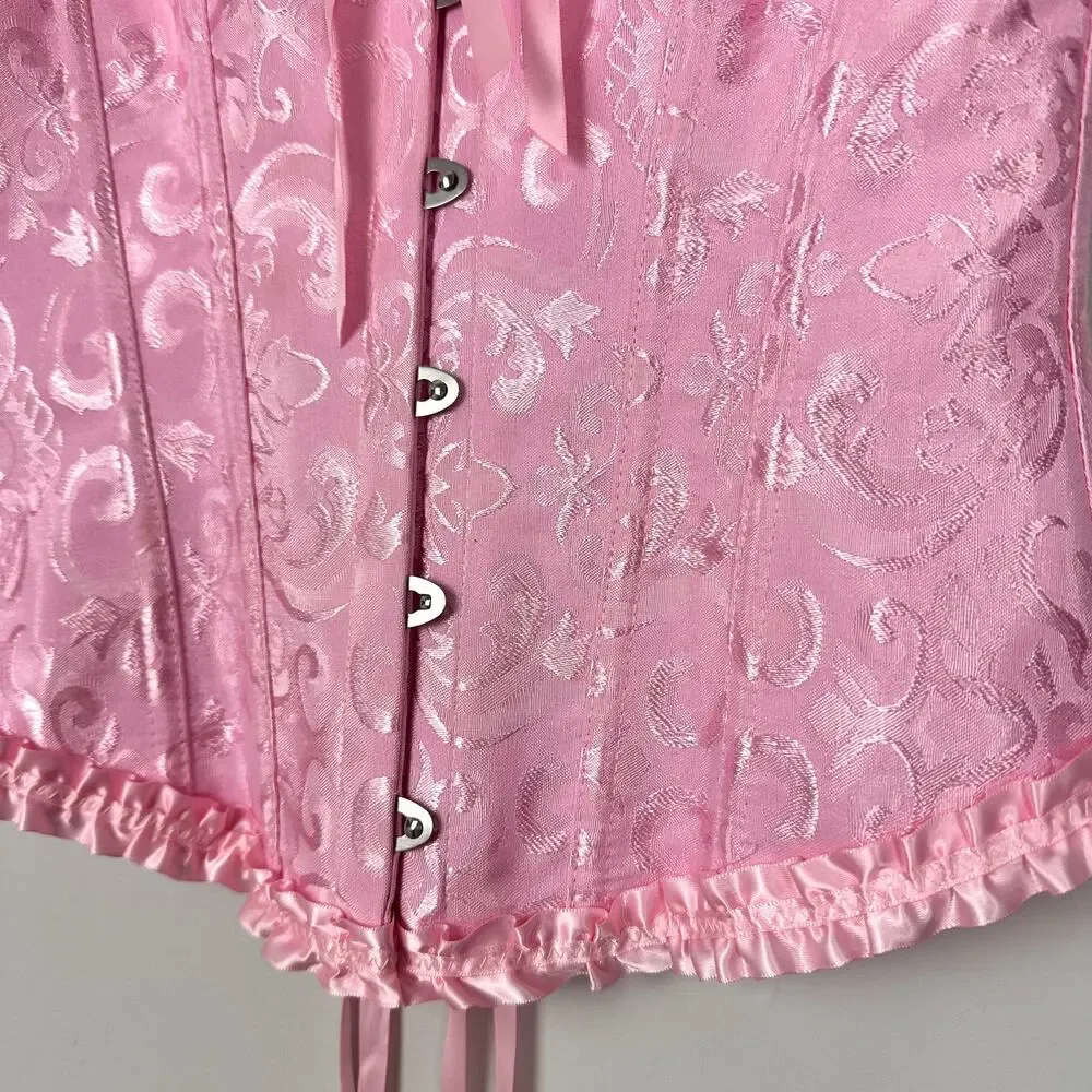 Pink Floral Jacquard Bustier Lace Up Corset Top Ruffle Hem Castle Fairy Small - Picture 11 of 14